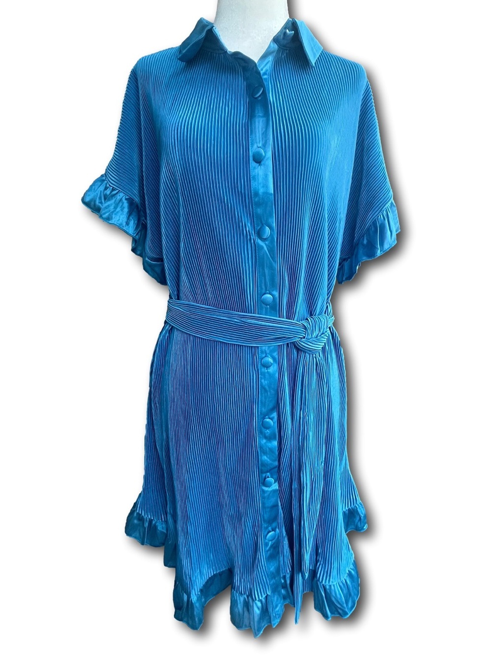 Umgee Silky Blue Pleated Button-Front Shirt Dress with Ruffle Trim